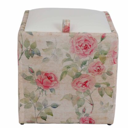 Taburet Box Print, corp tapitat Trandafiri vintage, capac imitatie piele alb, 41x37x37 cm - imagine 2