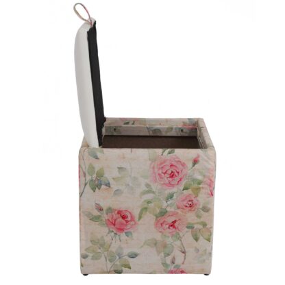 Taburet Box Print, corp tapitat Trandafiri vintage, capac imitatie piele alb, 41x37x37 cm - imagine 3