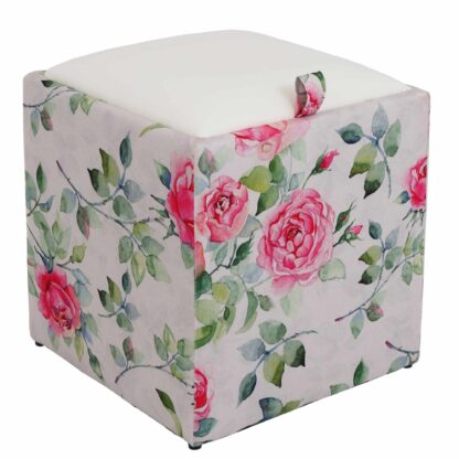 Taburet Box Print, corp tapitat Trandafiri acuarela, capac imitatie piele alb, 41x37x37 cm