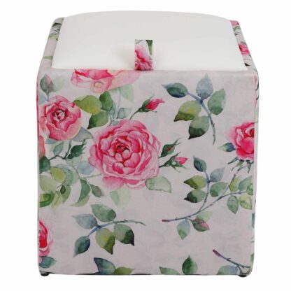 Taburet Box Print, corp tapitat Trandafiri acuarela, capac imitatie piele alb, 41x37x37 cm - imagine 2