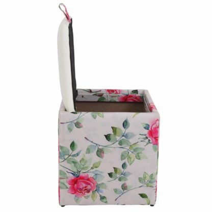 Taburet Box Print, corp tapitat Trandafiri acuarela, capac imitatie piele alb, 41x37x37 cm - imagine 3