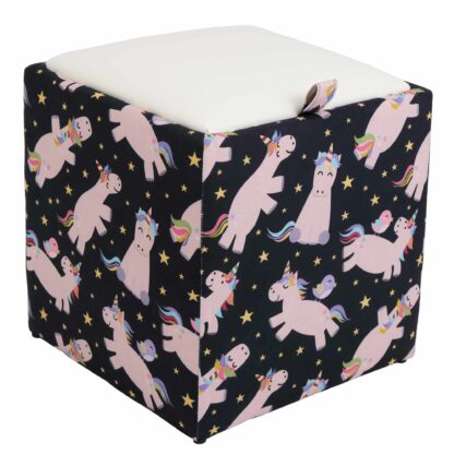 Taburet Box Print, corp tapitat Unicorni, capac imitatie piele alb, 41x37x37 cm
