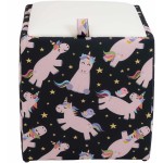 Taburet Box Print, corp tapitat Unicorni, capac imitatie piele alb, 41x37x37 cm - imagine 2