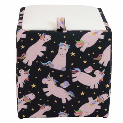 Taburet Box Print, corp tapitat Unicorni, capac imitatie piele alb, 41x37x37 cm - imagine 2