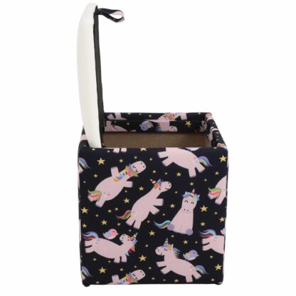 Taburet Box Print, corp tapitat Unicorni, capac imitatie piele alb, 41x37x37 cm - imagine 3