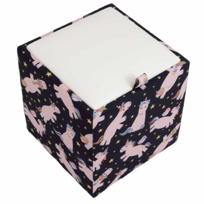 Taburet Box Print, corp tapitat Unicorni, capac imitatie piele alb, 41x37x37 cm - imagine 4