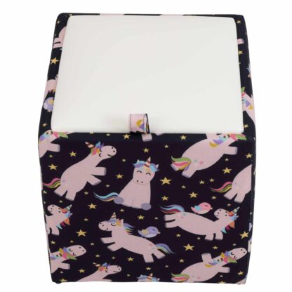 Taburet Box Print, corp tapitat Unicorni, capac imitatie piele alb, 41x37x37 cm - imagine 5