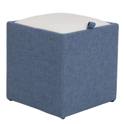 Taburet Box, corp stofa albastru, capac imitatie piele alb, 41x37x37 cm
