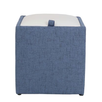 Taburet Box, corp stofa albastru, capac imitatie piele alb, 41x37x37 cm - imagine 5