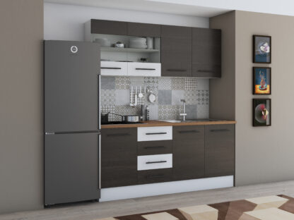 Bucatarie Alfa 180, cu vitrina, wenge/alb, blat termic nuc - imagine 3