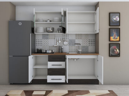 Bucatarie Alfa 180, cu vitrina, alb/wenge, blat termic nuc - imagine 2