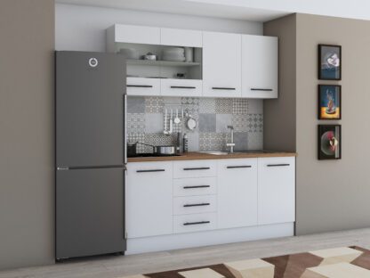 Bucatarie Alfa 180, cu vitrina, alb, blat termic nuc - imagine 2