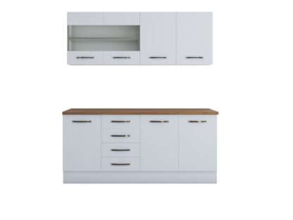 Bucatarie Alfa 180, cu vitrina, alb, blat termic nuc