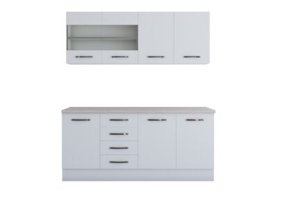 Bucatarie Alfa 180, cu vitrina, alb, blat termic travertin - imagine 3