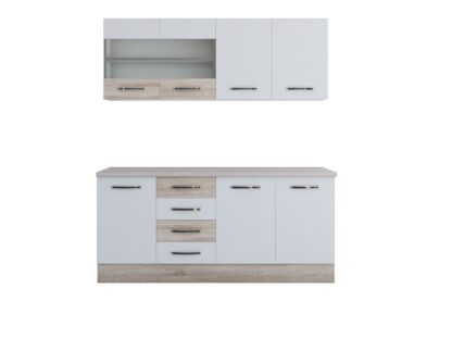 Bucatarie Alfa 180, cu vitrina, alb/sonoma, blat termic travertin - imagine 3