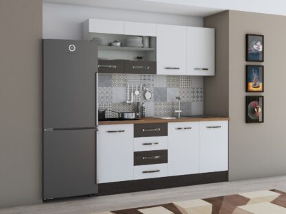 Bucatarie Alfa 180, cu vitrina, alb/wenge, blat termic nuc - imagine 2