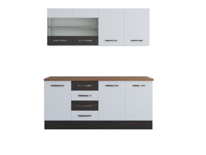 Bucatarie Alfa 180, cu vitrina, alb/wenge, blat termic nuc - imagine 3