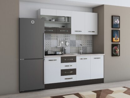 Bucatarie Alfa 180, cu vitrina, alb/wenge, blat termic travertin - imagine 2