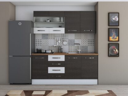 Bucatarie Alfa 180, cu vitrina, wenge/alb, blat termic nuc