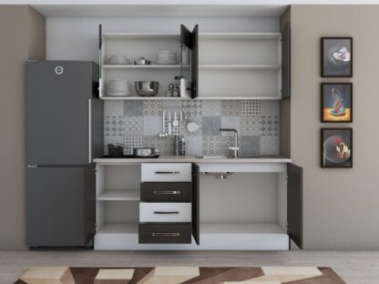 Bucatarie Alfa 180, cu vitrina, wenge/alb, blat termic travertin - imagine 6