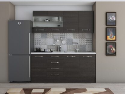 Bucatarie Alfa 180, cu vitrina, wenge, blat termic alb