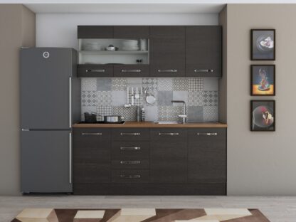 Bucatarie Alfa 180, cu vitrina, wenge, blat termic nuc