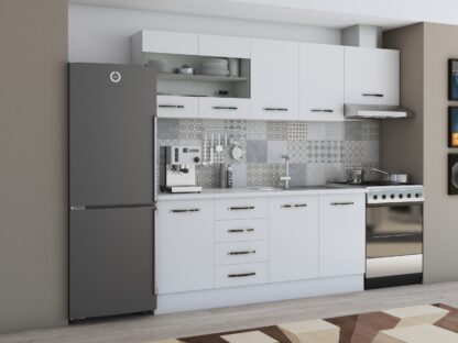 Bucatarie Alfa 240, corp hota, cu vitrina, alb, blat termic alb - imagine 2