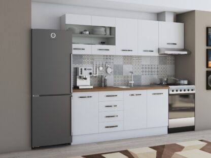 Bucatarie Alfa 240, corp hota, cu vitrina, alb, blat termic nuc - imagine 2