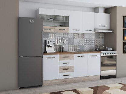 Bucatarie Alfa 240, corp hota, cu vitrina, alb/sonoma, blat termic nuc - imagine 2