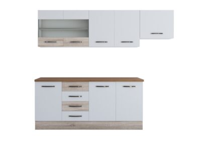Bucatarie Alfa 240, corp hota, cu vitrina, alb/sonoma, blat termic nuc - imagine 5