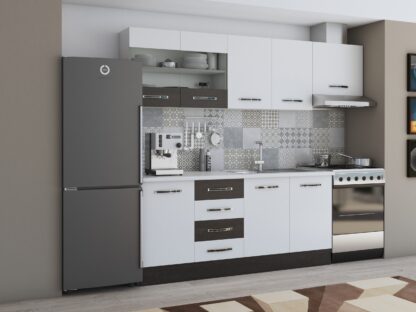 Bucatarie Alfa 240, corp hota, cu vitrina, alb/wenge, blat termic alb - imagine 2
