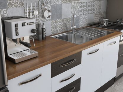 Bucatarie Alfa 240, corp hota, cu vitrina, alb/wenge, blat termic nuc - imagine 3