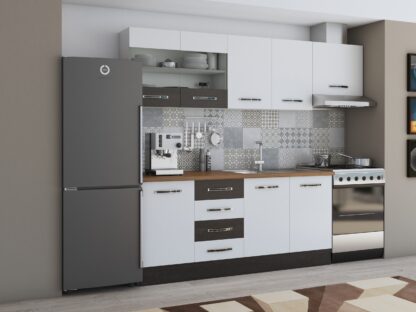 Bucatarie Alfa 240, corp hota, cu vitrina, alb/wenge, blat termic nuc - imagine 2