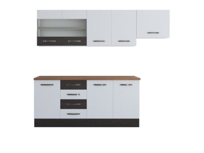 Bucatarie Alfa 240, corp hota, cu vitrina, alb/wenge, blat termic nuc - imagine 5