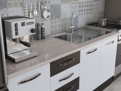 Bucatarie Alfa 240, corp hota, cu vitrina, alb/wenge, blat termic travertin - imagine 3