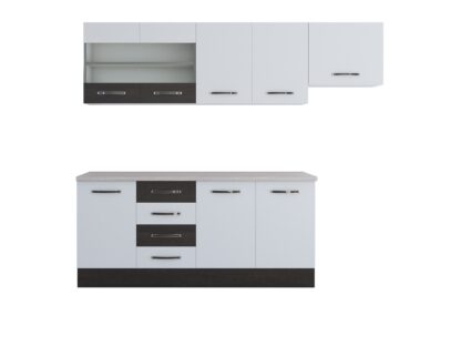 Bucatarie Alfa 240, corp hota, cu vitrina, alb/wenge, blat termic travertin - imagine 5