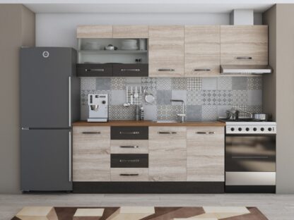 Bucatarie Alfa 240, corp hota, cu vitrina, sonoma/wenge, blat termic nuc