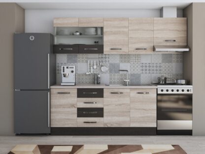 Bucatarie Alfa 240, corp hota, cu vitrina, sonoma/wenge, blat termic travertin