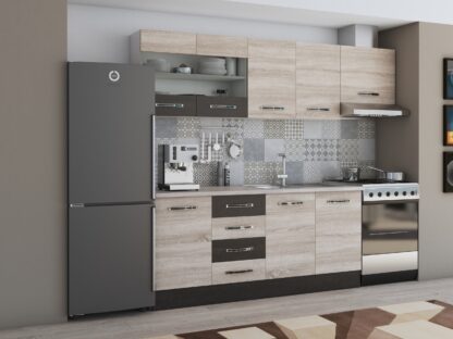 Bucatarie Alfa 240, corp hota, cu vitrina, sonoma/wenge, blat termic travertin - imagine 2