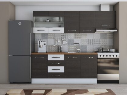 Bucatarie Alfa 240, corp hota, cu vitrina, wenge/alb, blat termic nuc
