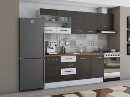 Bucatarie Alfa 240, corp hota, cu vitrina, wenge/alb, blat termic nuc - imagine 2
