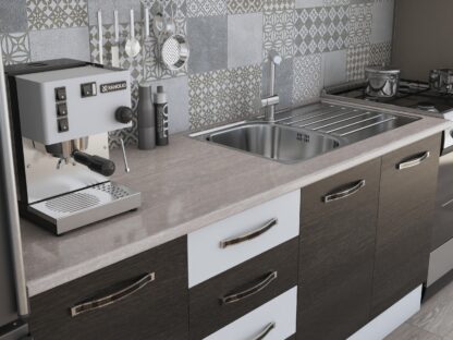 Bucatarie Alfa 240, corp hota, cu vitrina, wenge/alb, blat termic travertin - imagine 3