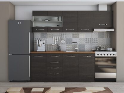 Bucatarie Alfa 240, corp hota, cu vitrina, wenge, blat termic nuc