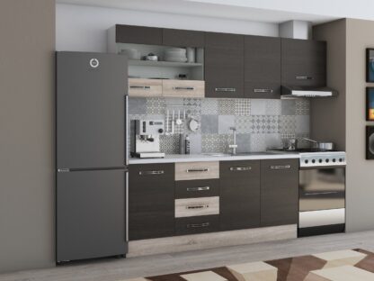 Bucatarie Alfa 240, corp hota, cu vitrina, wenge/sonoma, blat termic alb - imagine 2