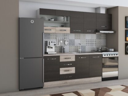 Bucatarie Alfa 240, corp hota, cu vitrina, wenge/sonoma, blat termic travertin - imagine 2