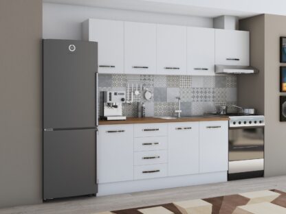 Bucatarie Alfa 240, corp hota, fara vitrina, alb, blat termic nuc - imagine 2