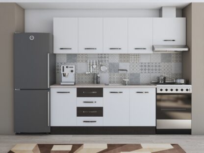 Bucatarie Alfa 240, corp hota, fara vitrina, alb/wenge, blat termic travertin