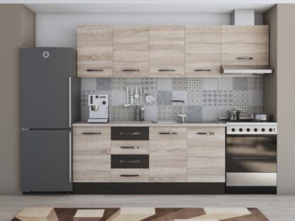 Bucatarie Alfa 240, corp hota, fara vitrina, sonoma/wenge, blat termic travertin