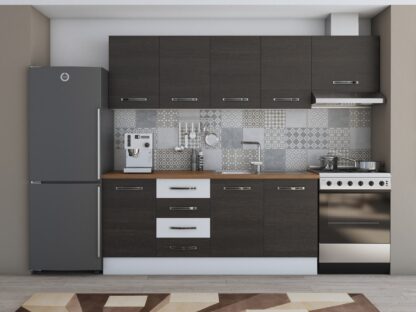 Bucatarie Alfa 240, corp hota, fara vitrina, wenge/alb, blat termic nuc