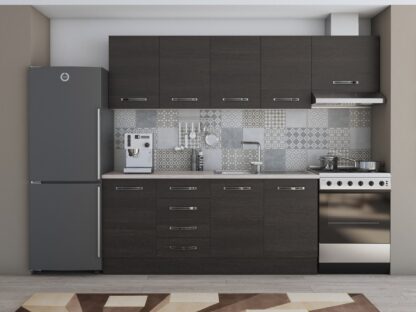 Bucatarie Alfa 240, corp hota, fara vitrina, wenge, blat termic travertin